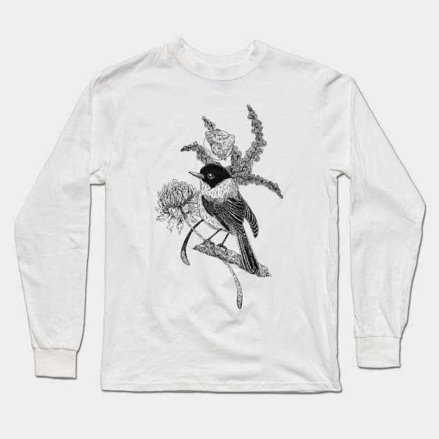 Flycatcher Bird & Flowers | Black Long Sleeve T-Shirt by Heymerac